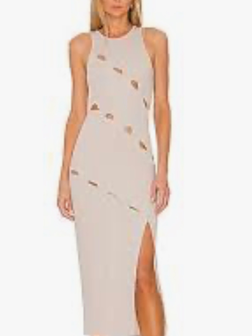NBD revolve! Beige Sleeveless Midi Dress with Diagonal Cutouts and Side Slit! M